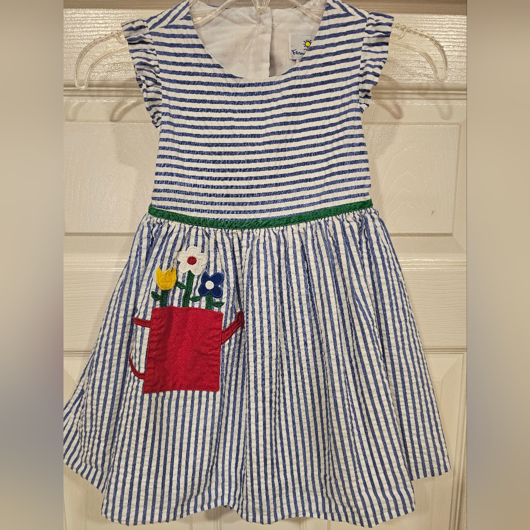 Florence Eiseman Seersucker Blue And White Kids Dress With Floral Pocket Size 4t